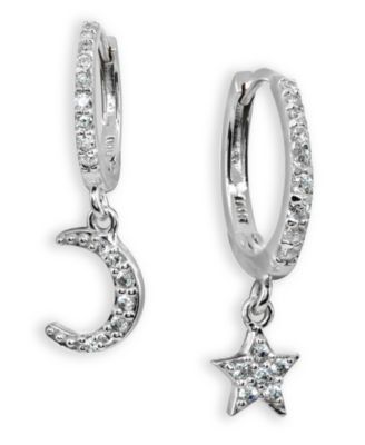 Cubic Zirconia Moon & Star Charm Drop Huggie Hoop Earring in Sterling Silver or 18k Gold Plated Sterling Silver