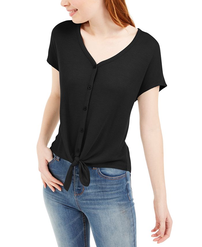 Pink Rose Juniors' Thermal Tie-Front Top - Macy's