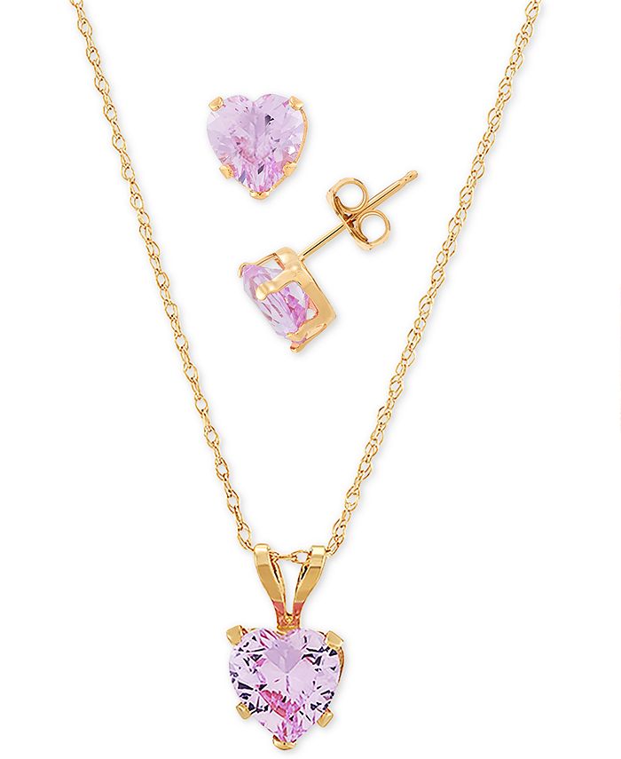 Belk & Co Lab Created Pink Sapphire Heart Necklace and Earring Set in 10K Yellow Gold