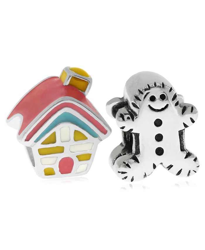 Rhona Sutton - Children's Enamel House Gingerbread Man Bead Charms - Set of 2 in Sterling Silver