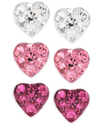 Rhona Sutton - Children's Fuchsia, Rose, White Crystal Heart Stud Earrings - Set of 3 in Sterling Silver