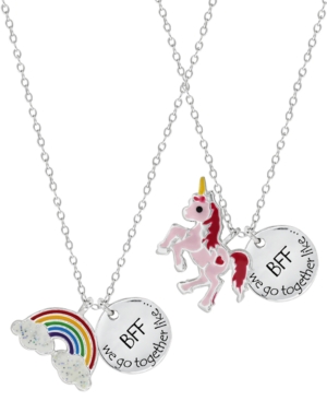 Rhona Sutton 4 Kids Children's Rainbow Unicorn Best Friends Two Piece Necklace Set In Sterling Silver