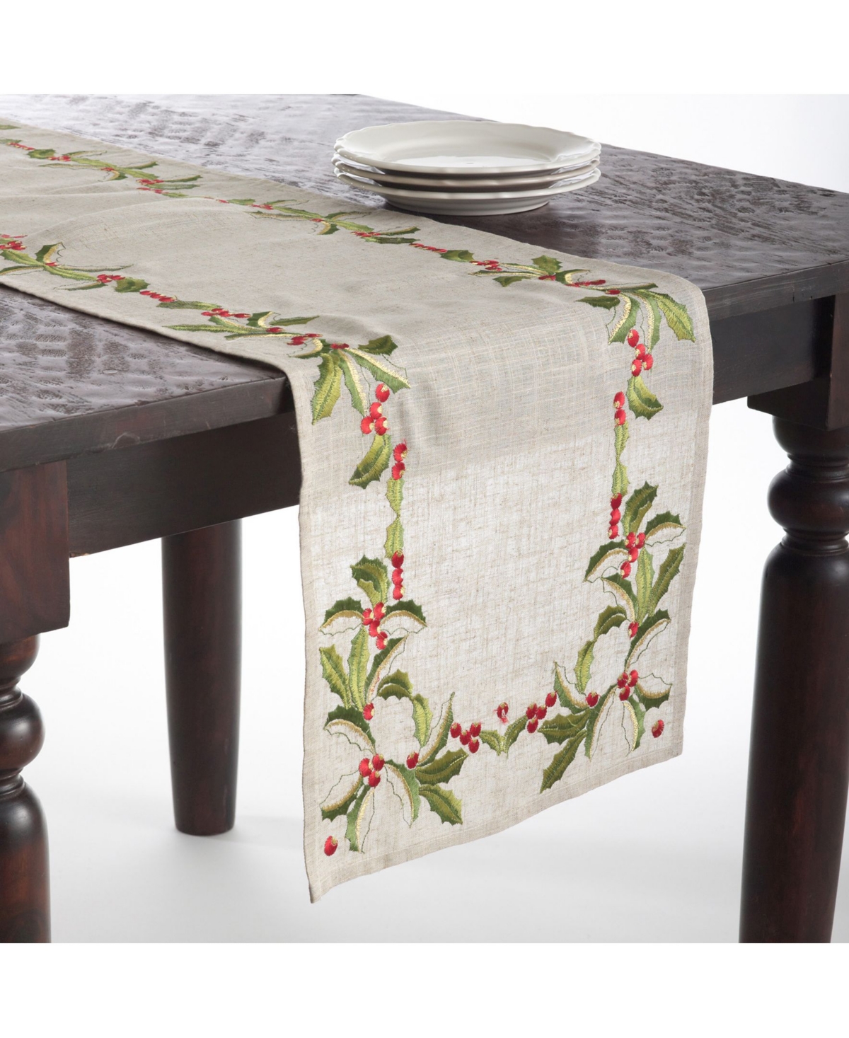Saro Lifestyle Embroidered Holly Design Holiday Linen Blend Table Runners