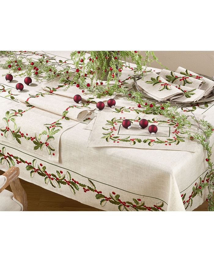 Saro Lifestyle Embroidered Holly Design Holiday Linen Blend Table