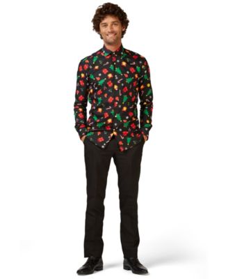 Men's Christmas Shirt - Festive Holiday Icons Button Up Dress Shirt - Slim Fit - Black - Long sleeve