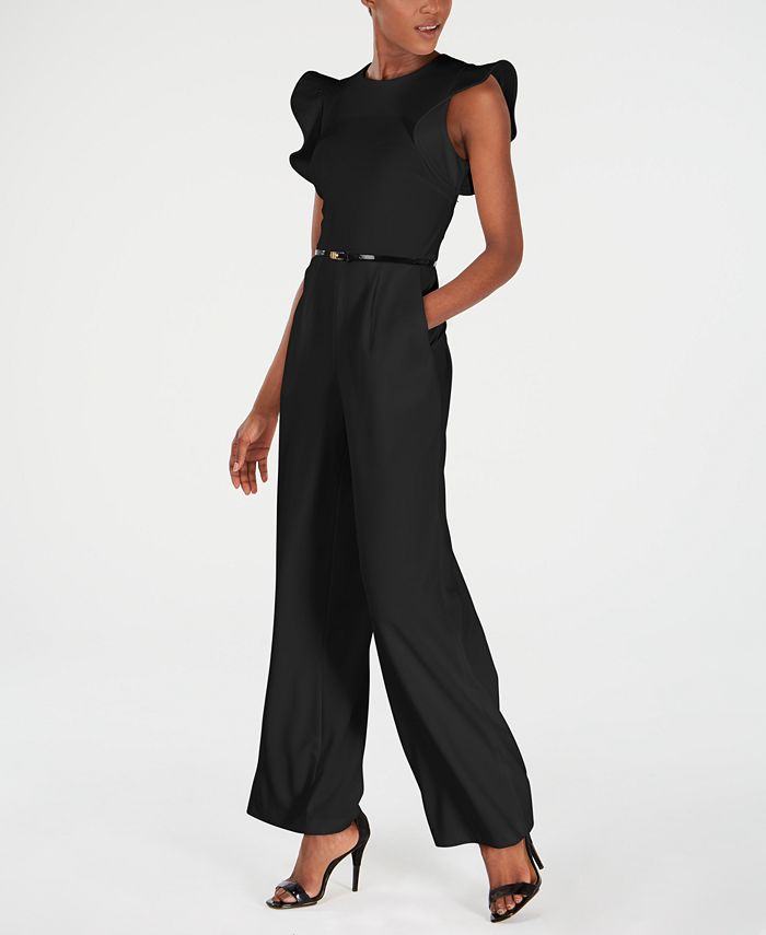Calvin Klein Belted Ruffle-Sleeve Jumpsuit - Macy's