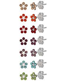 Children's  Crystal Flower Stud Earrings - Set of 7  in Sterling Silver