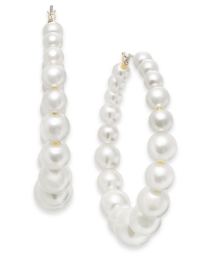 image of Inc Gold-Tone Imitation Pearl Graduated Medium Hoop Earrings, 1.96