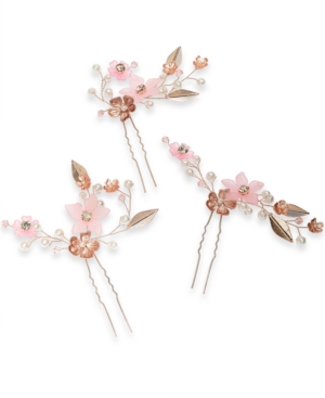 Inc International Concepts 3-pc. Gold-tone Crystal & Imitation Pearl Flower Sprig Bobby Pin Set, Created For Macy's In Pink