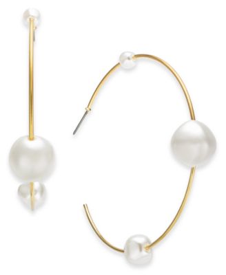 INC International Concepts - Gold-Tone Large Imitation Pearl Thin Hoop Earrings, 2.5"