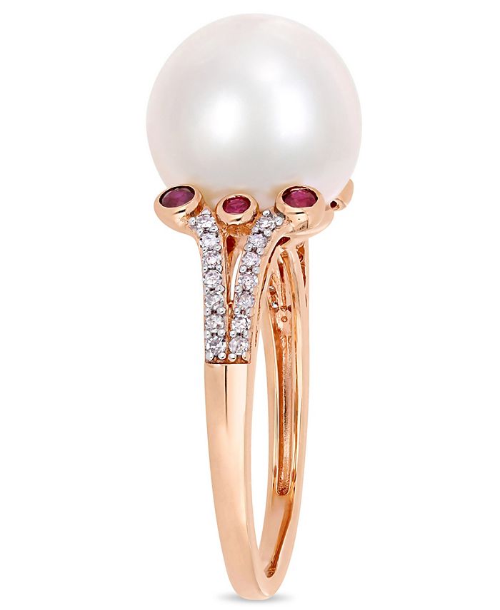 Macy's - Freshwater Cultured Pearl (11-12mm), Ruby (1/5 ct. t.w.) and Diamond (1/7 ct. t.w.) Split Shank Ring in 10k Rose Gold