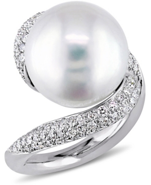 image of Freshwater Cultured Pearl (14-14.5mm) and Diamond (1 ct. t.w.) Twist Bypass Ring in 14k White Gold