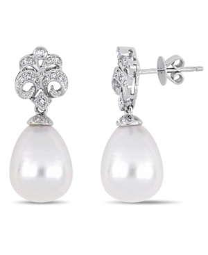 image of South Sea Cultured Pearl (10.5-11mm) and Diamond (1/7 ct. t.w.) Floral Drop Earrings in 18k White Gold