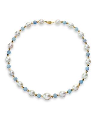 Macy's - White Freshwater Cultured Pearl (10.5-11mm) with Blue Aquamarine (8mm), and Gold Beads (4mm) 18" Necklace in 14k Yellow Gold
