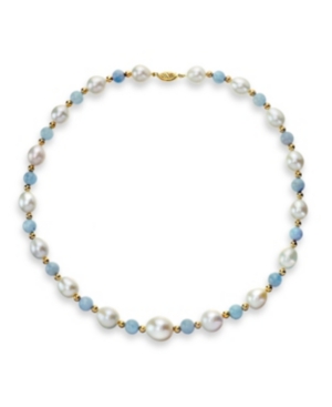 image of White Freshwater Cultured Pearl (10.5-11mm) with Blue Aquamarine (8mm), and Gold Beads (4mm) 18