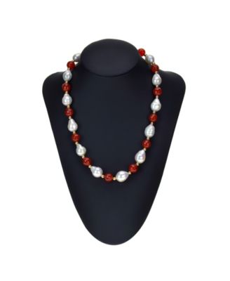 White Baroque Freshwater Cultured Pearl (12-13mm) with Red Agate (91 ct. t.w) and Gold Beads (4mm) 18" Necklace in 14k Yellow Gold. Also Available with Green Agate