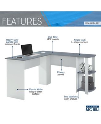 Techni Mobili Modern L-Shaped Desk w/ Side Shelves