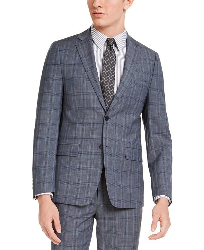 Calvin Klein Men's Skinny-Fit Gray/Blue Plaid Suit Jacket - Macy's