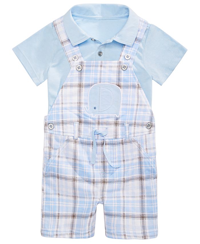 First Impressions - Baby Boys 2-Pc. Shirt & Plaid Elephant Shortalls Set