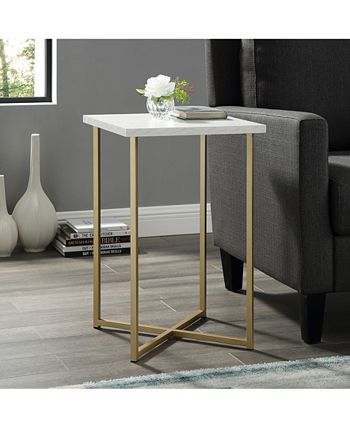 Walker Edison - 16 inch Square Side Table with White Faux Marble Top and Gold Legs