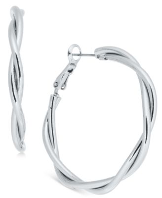 Charter Club - Silver-Tone Medium Double-Row Twisted Hoop Earrings, 1.59"