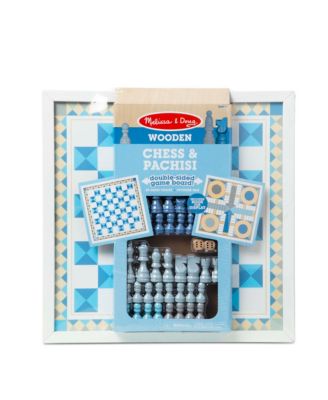 Melissa and Doug - Double-Sided Wooden Chess Pachisi Board Game Blue with 42 Game Pieces 17.5” W x 17.5” L x 1.5” D