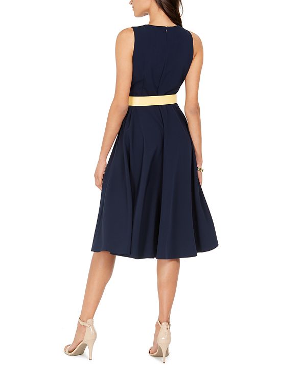vince camuto belted asymmetrical gown