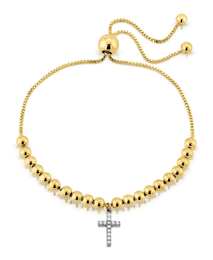 Macy's - Brilliant Bubbles Diamond (1/10 ct. t.w.) Cross Charm Bolo Bracelet Designed in Sterling Silver or 14k Yellow Gold over Sterling Silver