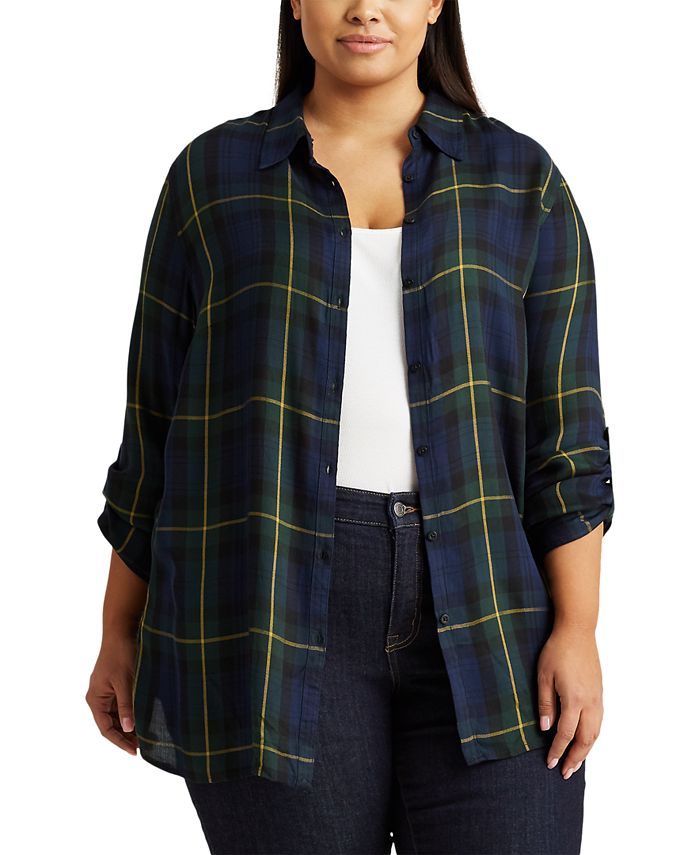 Lauren Ralph Lauren Plus Size Plaid Twill Button-Up Shirt - Macy's
