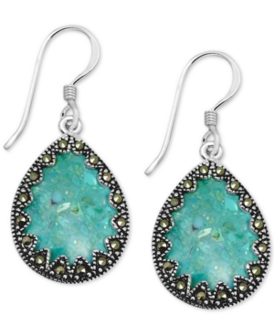 image of Genuine Swarovski Marcasite & Reconstituted Turquoise Drop Earrings in Fine Silver-Plate