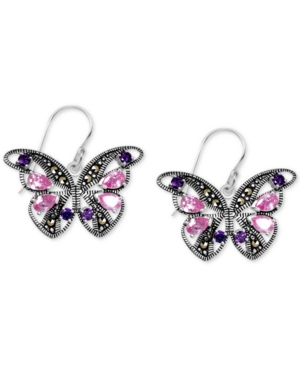 image of Genuine Swarovski Marcasite & Multicolor Crystal Butterfly Drop Earrings in Fine Silver-Plate