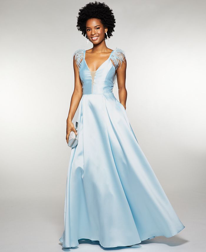 Speechless Juniors Feather Trim Satin Gown Macy s