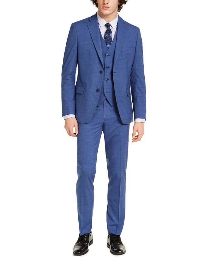 Alfani Men's Slim-Fit Stretch Medium Blue Plaid Suit Separates, Created ...
