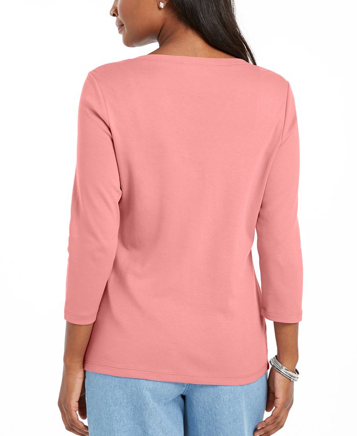 Karen Scott Womens Eyelet Front Cotton Henley Top Pink Size Petite