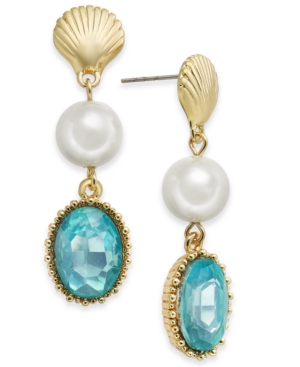 image of Charter Club Gold-Tone Shell, Imitation Pearl & Stone Linear Drop Earrings, Created for Macy-s