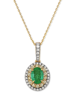 image of Emerald (7/8 ct. t.w.), Yellow Diamond (1/4 c.t. t.w.) & White Diamond (1/4 c.t. t.w.) Halo 18