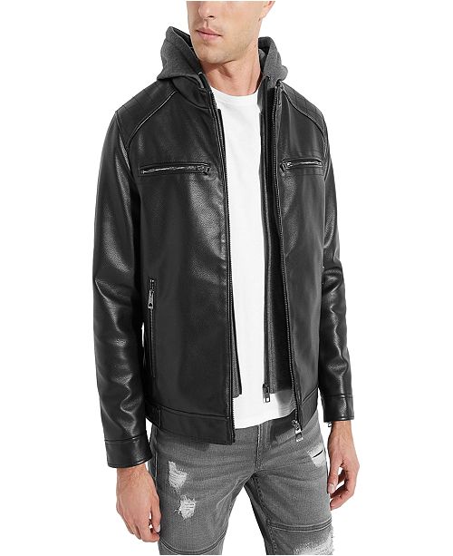 GUESS Men&#39;s Hooded Faux Leather Jacket & Reviews - Coats & Jackets - Men - Macy&#39;s