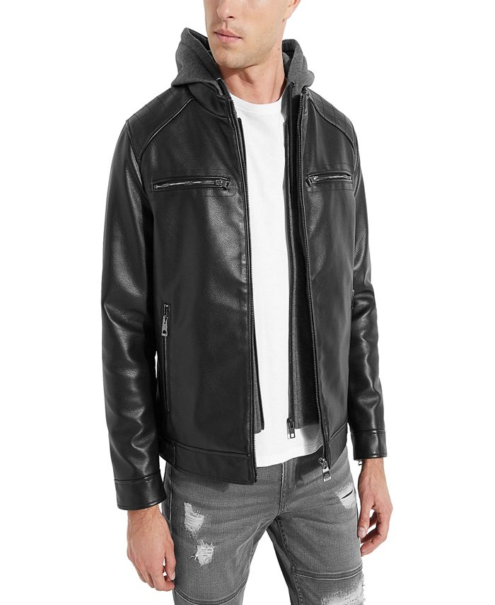GUESS Men's Hooded Faux Leather Jacket - Macy's