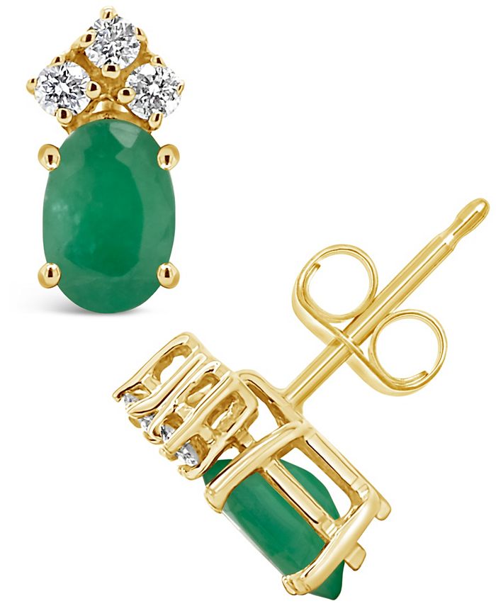 Macy's - Emerald (1 ct. t.w.) and Diamond (1/8 ct. t.w.) Stud Earrings in 14k Yellow Gold