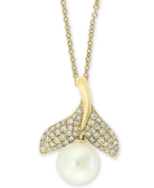 image of Effy Cultured Freshwater Pearl (7mm) & Diamond (1/5 ct. t.w.) Whale Tail 18