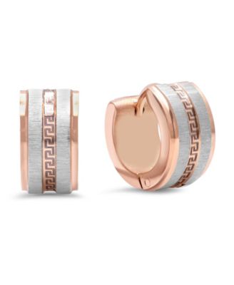 Stainless Steel 2 Tone Greek Key Design Huggie Earrings