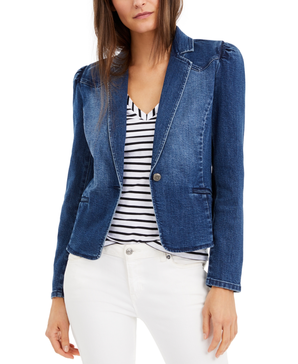 Inc International Concepts Plus Size Puff-sleeve Denim Blazer, Created For Macy's In Medium Indigo