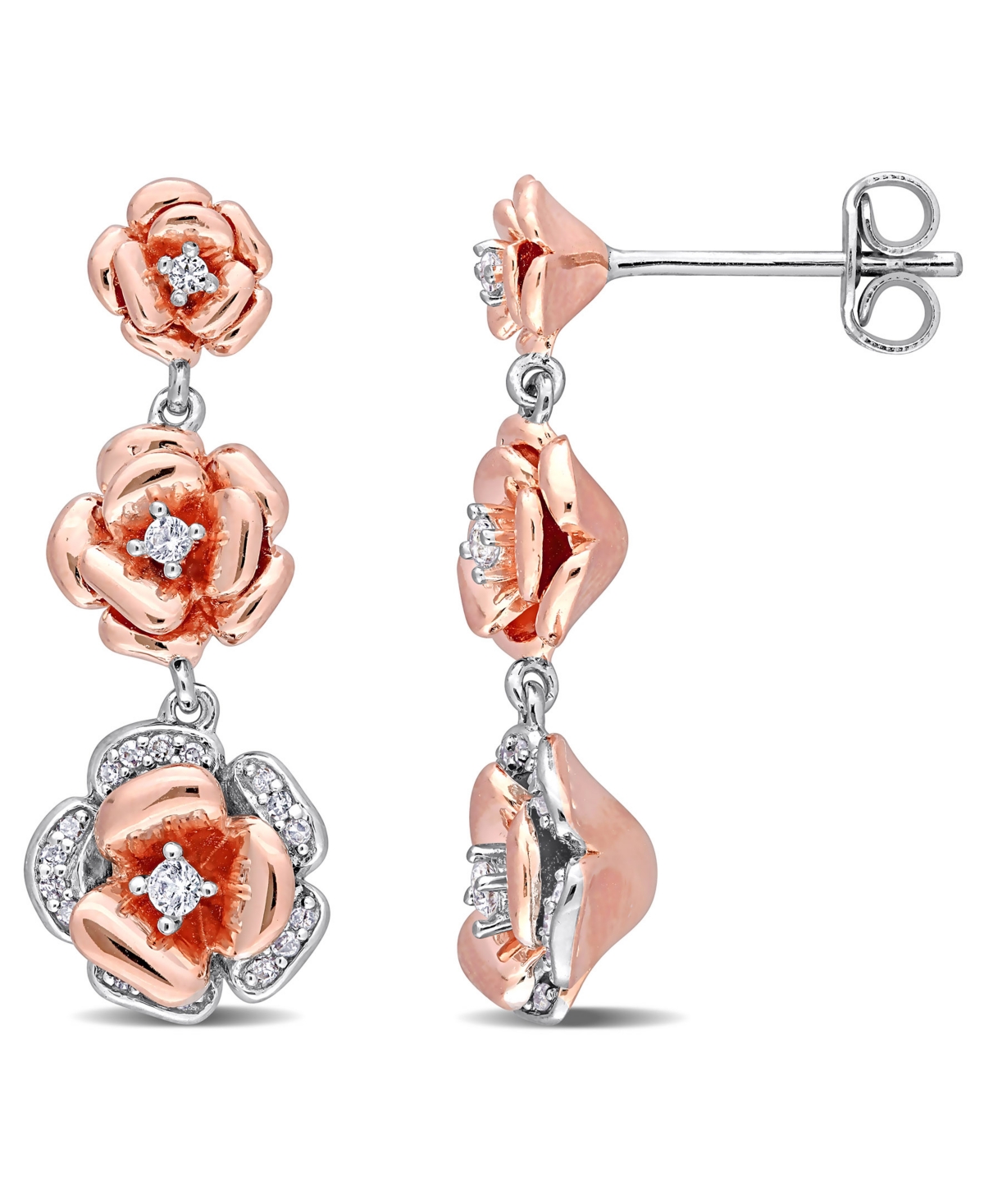 Macy's Lab Grown White Sapphire (1/8 Ct. T.w.) And Diamond (1/10 Ct. T.w.) Graduated Floral Earrings In Two