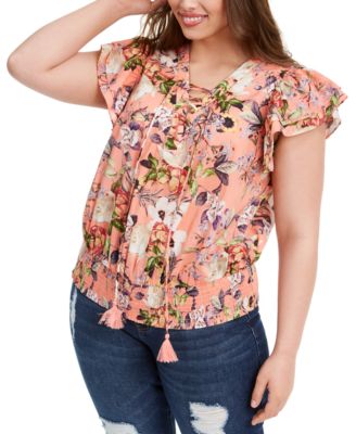 INC International Concepts - Plus Size Cotton Lace-Up Flutter Top