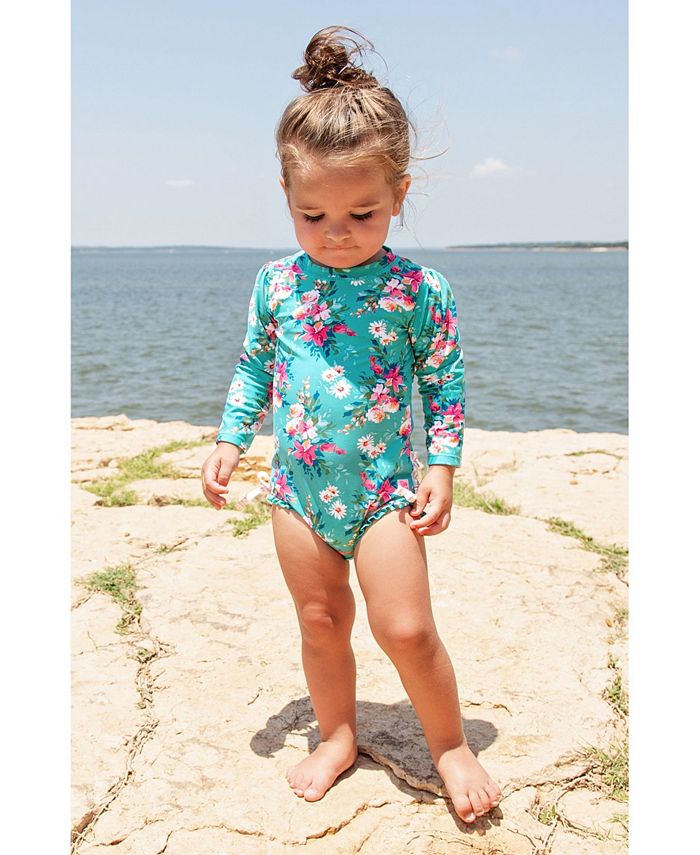 RuffleButts Baby Girls Ruffle One Piece Rash Guard Swim Hat Set UPF 50