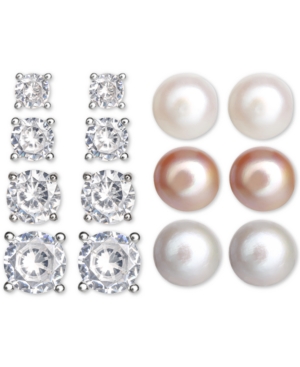 image of 7-Pc. Set Cubic Zirconia & Cultured Freshwater Pearl (8mm) Stud Earrings in Sterling Silver