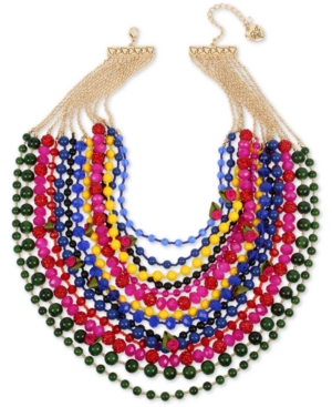 image of Betsey Johnson Gold-Tone Bead, Fireball & Fabric Rose Multi-Row Statement Necklace, 17