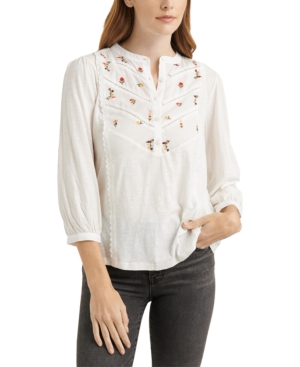 image of Lucky Brand Cotton Embroidered Henley Top