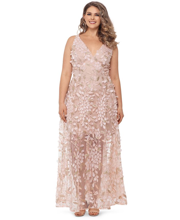 XSCAPE Plus Size 3D-Floral Embroidered Gown - Macy's