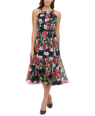 Tommy Hilfiger Belted Floral-Print Chiffon Halter Dress - Macy's